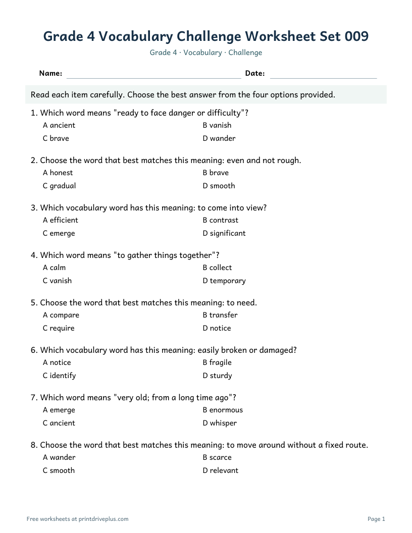 Preview of Grade 4 Vocabulary Challenge Worksheet Set 009