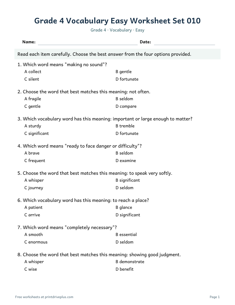 Preview of Grade 4 Vocabulary Easy Worksheet Set 010