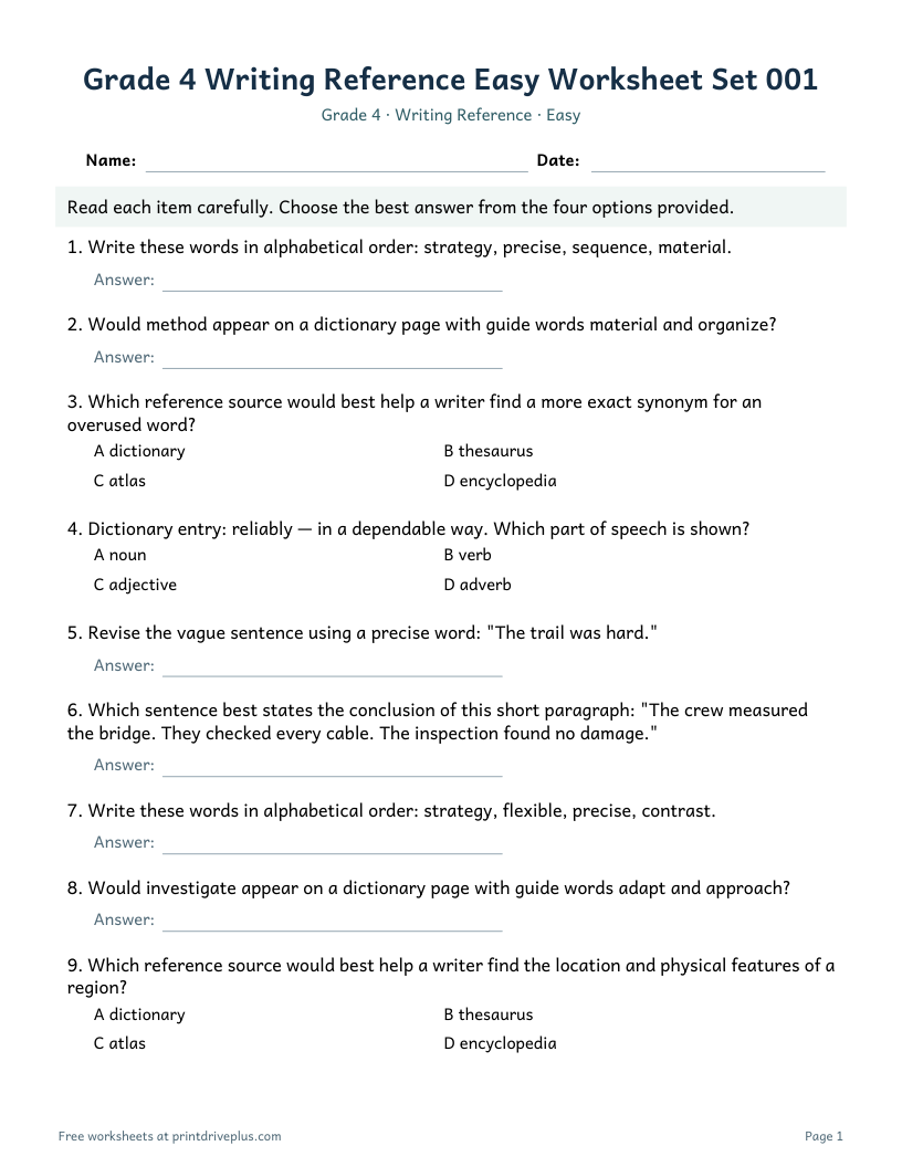 Preview of Grade 4 Writing Reference Easy Worksheet Set 001