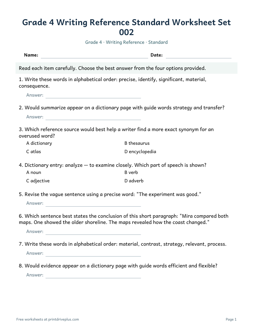 Preview of Grade 4 Writing Reference Standard Worksheet Set 002