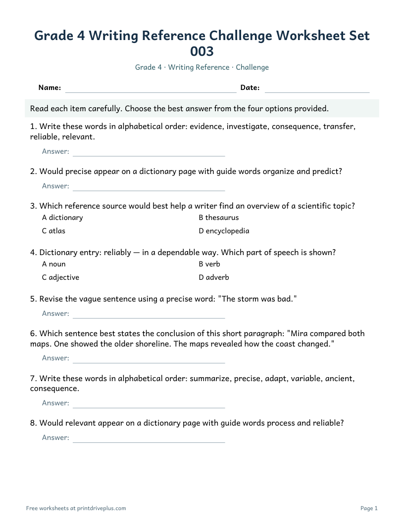 Preview of Grade 4 Writing Reference Challenge Worksheet Set 003