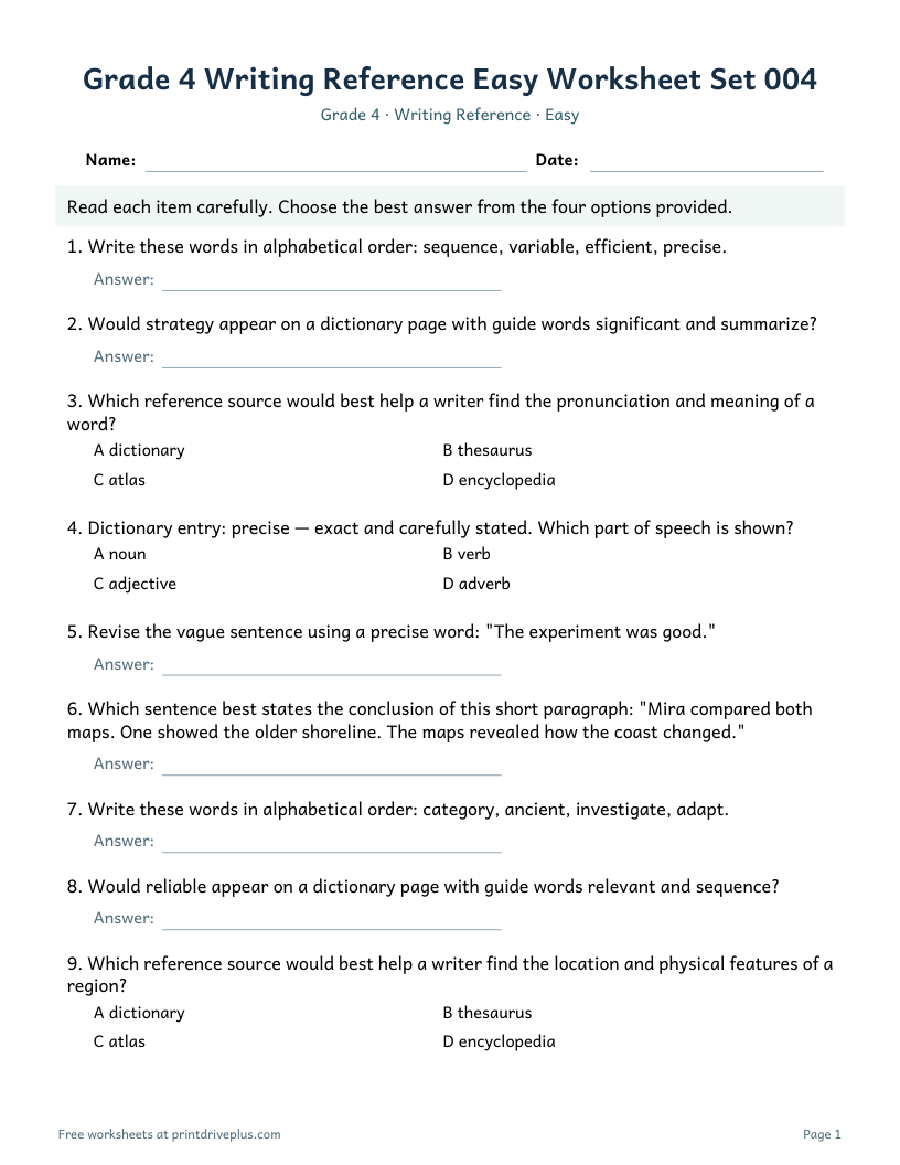 Preview of Grade 4 Writing Reference Easy Worksheet Set 004