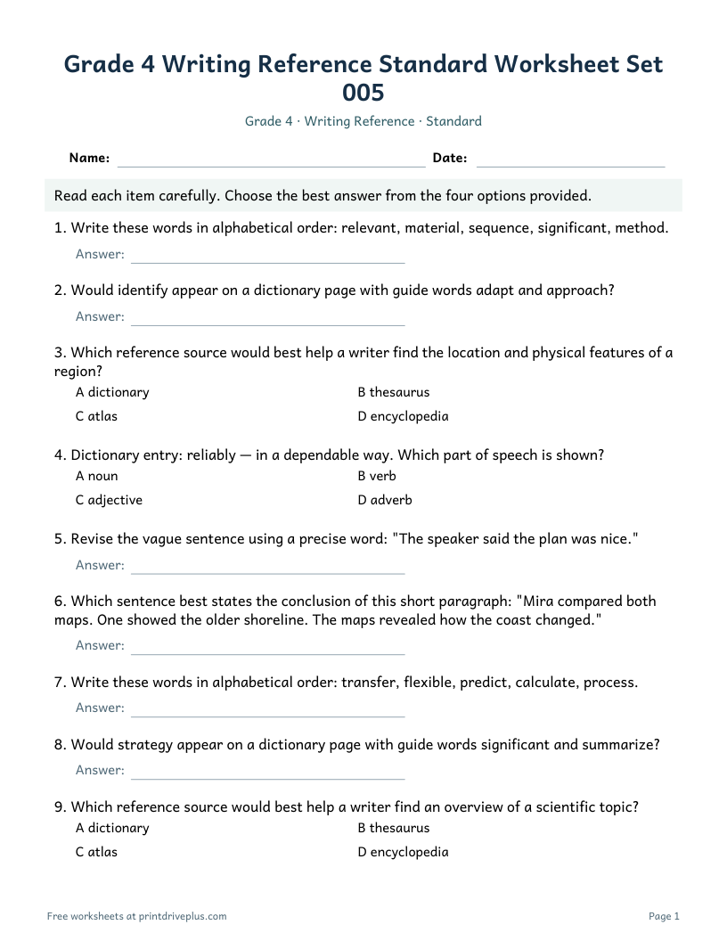 Preview of Grade 4 Writing Reference Standard Worksheet Set 005
