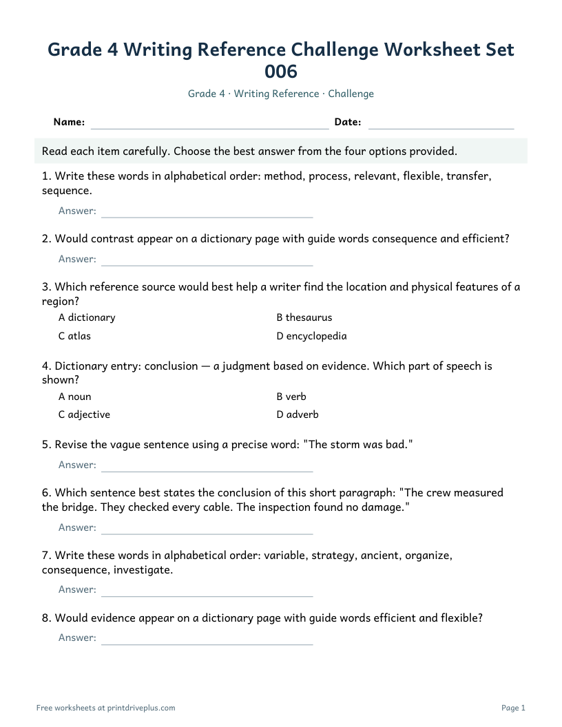 Preview of Grade 4 Writing Reference Challenge Worksheet Set 006