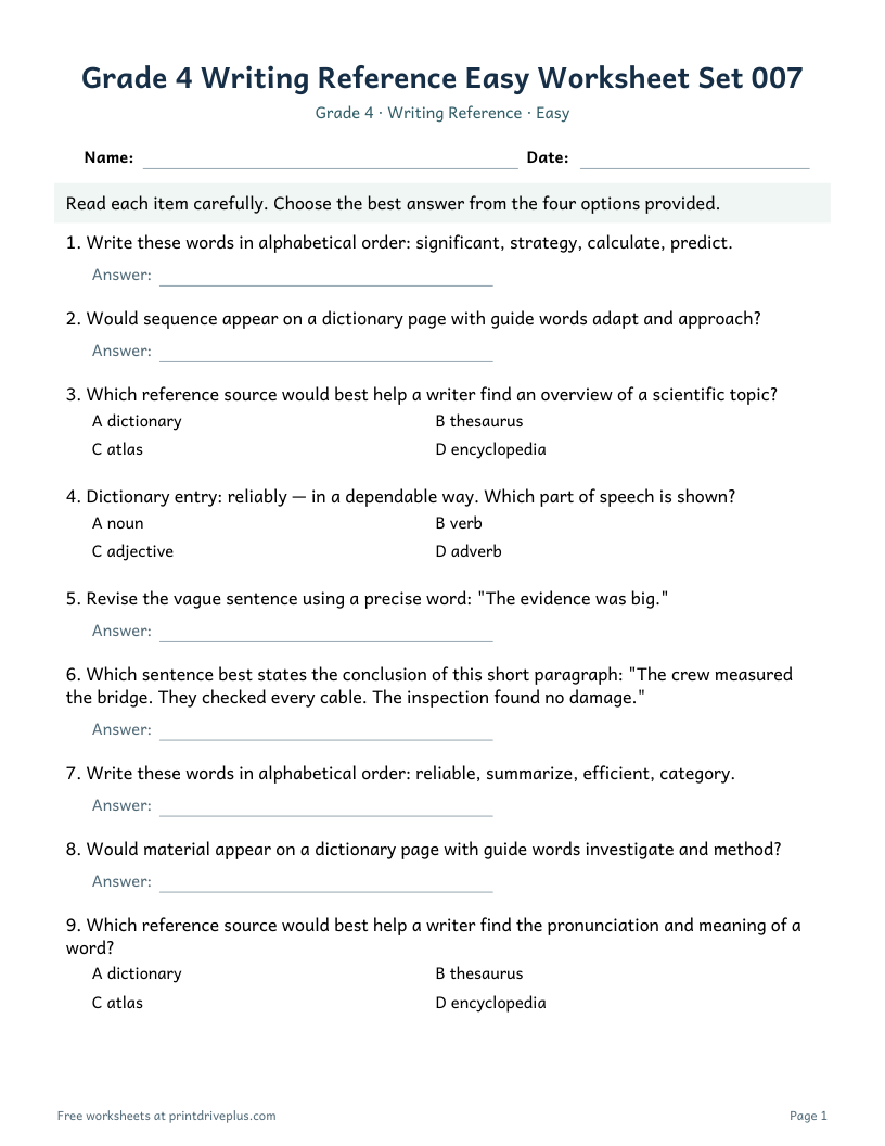 Preview of Grade 4 Writing Reference Easy Worksheet Set 007