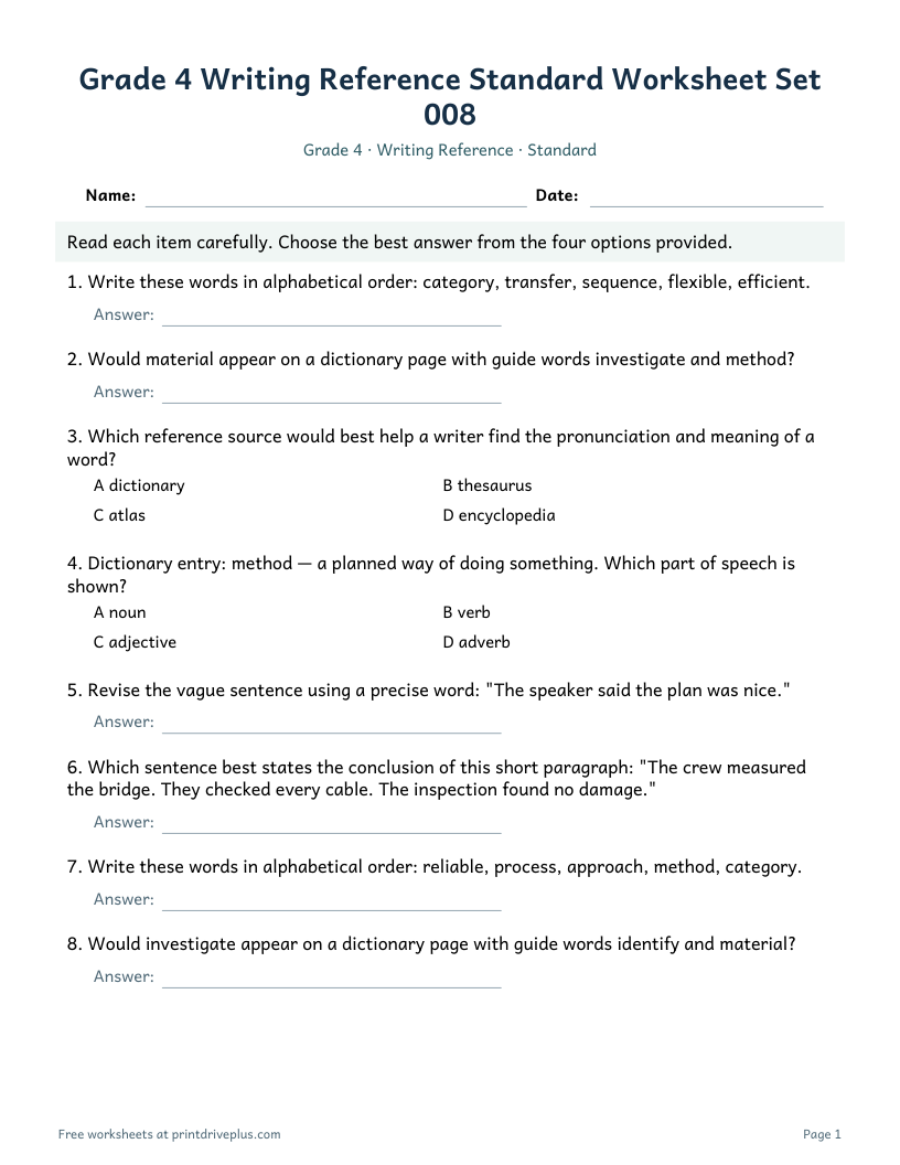 Preview of Grade 4 Writing Reference Standard Worksheet Set 008