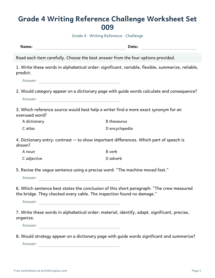 Preview of Grade 4 Writing Reference Challenge Worksheet Set 009
