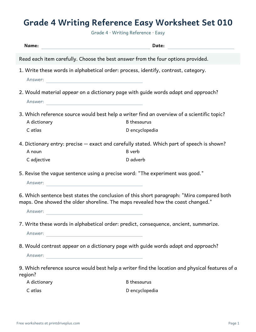 Preview of Grade 4 Writing Reference Easy Worksheet Set 010