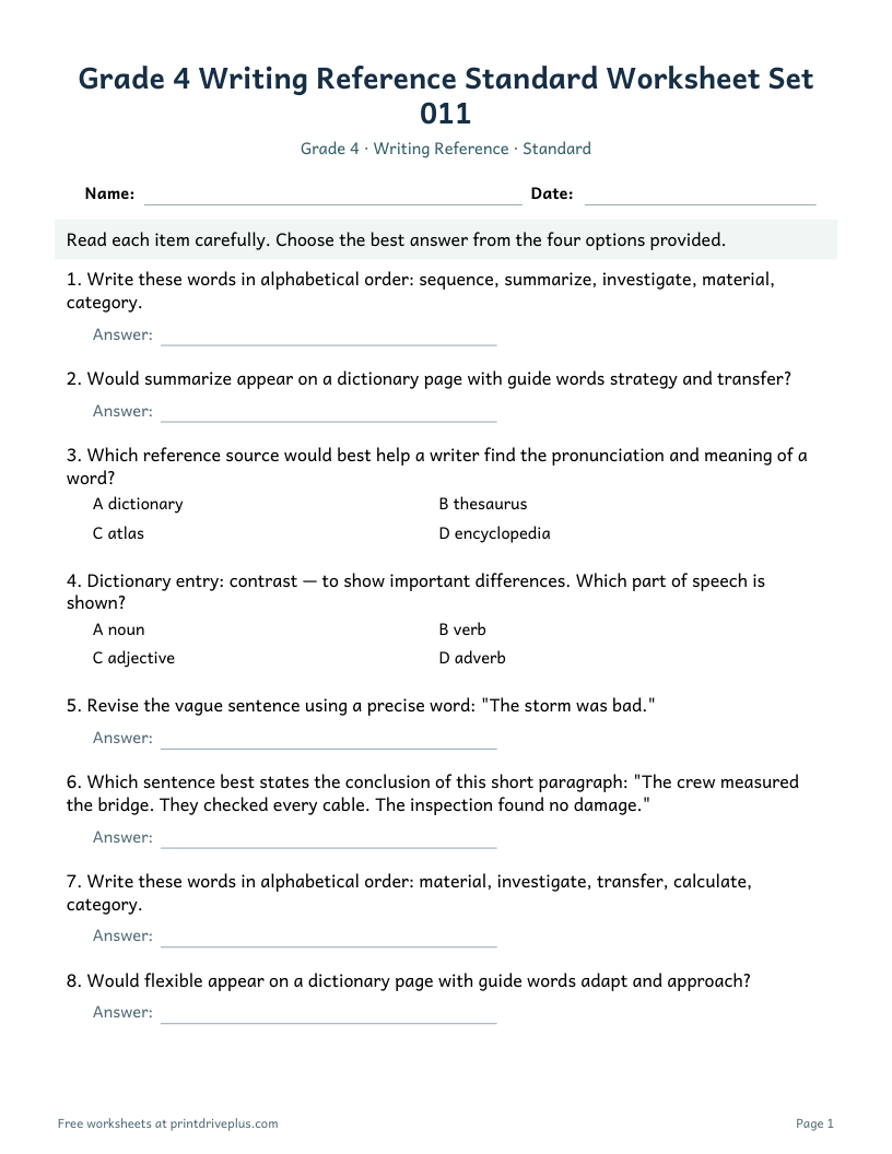 Preview of Grade 4 Writing Reference Standard Worksheet Set 011