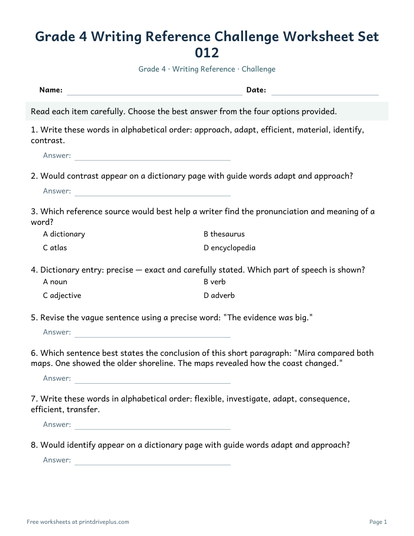 Preview of Grade 4 Writing Reference Challenge Worksheet Set 012