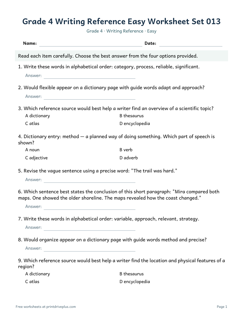 Preview of Grade 4 Writing Reference Easy Worksheet Set 013