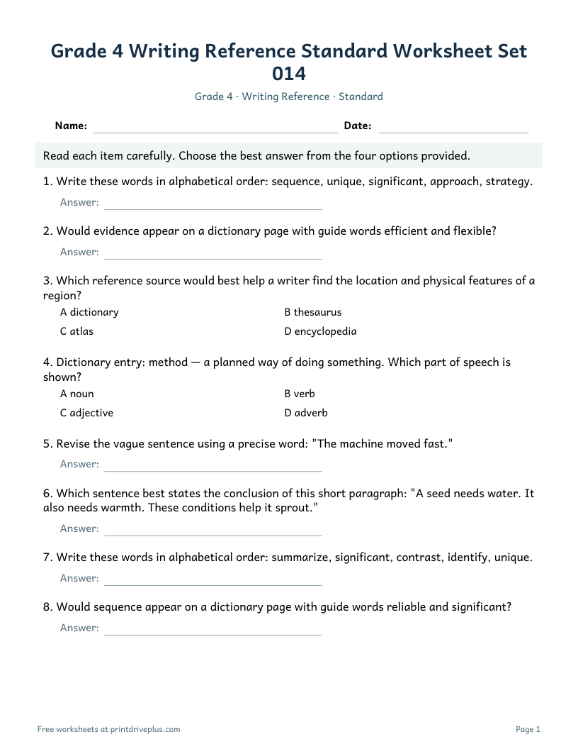Preview of Grade 4 Writing Reference Standard Worksheet Set 014