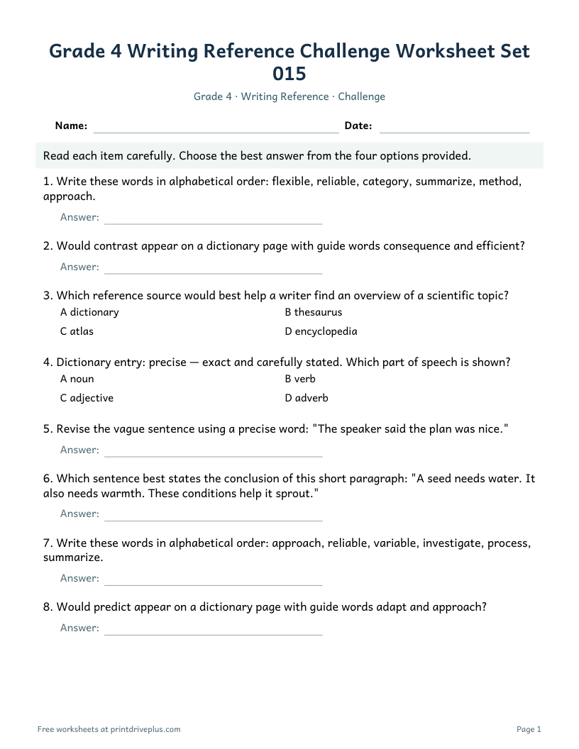 Preview of Grade 4 Writing Reference Challenge Worksheet Set 015