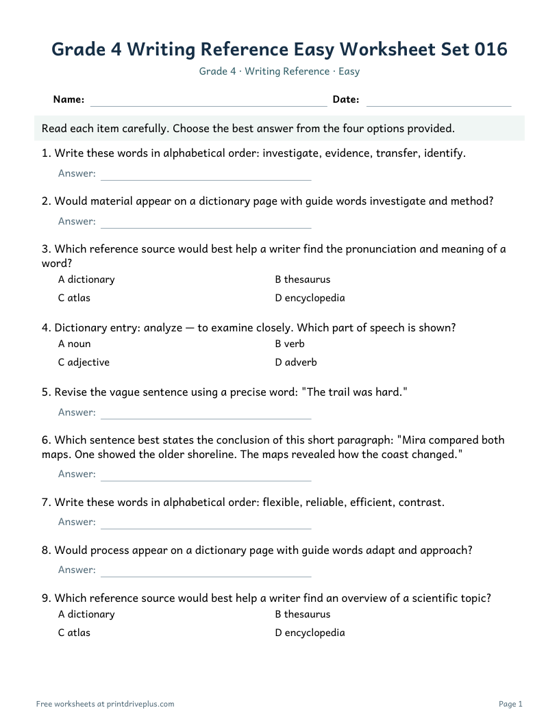 Preview of Grade 4 Writing Reference Easy Worksheet Set 016