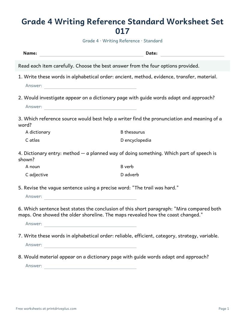 Preview of Grade 4 Writing Reference Standard Worksheet Set 017