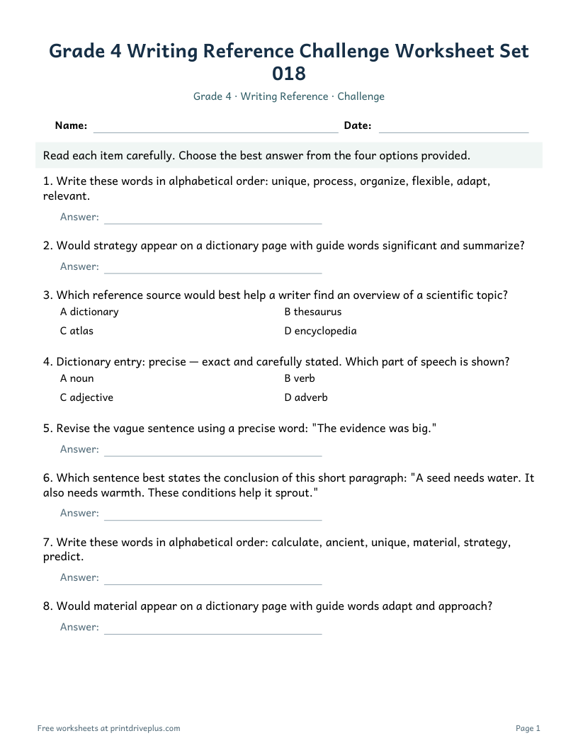Preview of Grade 4 Writing Reference Challenge Worksheet Set 018