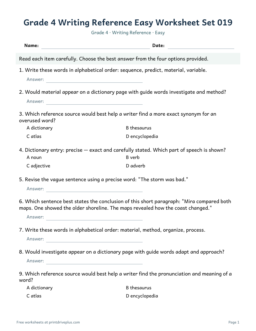 Preview of Grade 4 Writing Reference Easy Worksheet Set 019