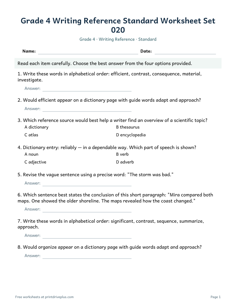 Preview of Grade 4 Writing Reference Standard Worksheet Set 020