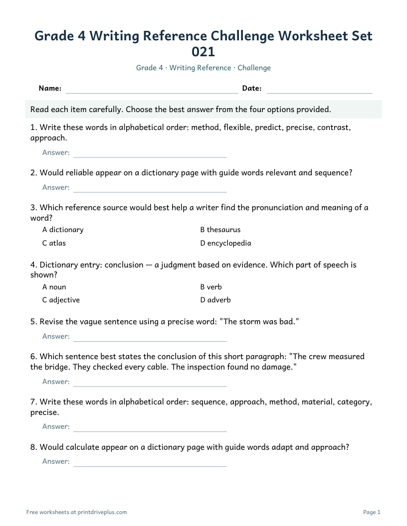 Preview of Grade 4 Writing Reference Challenge Worksheet Set 021