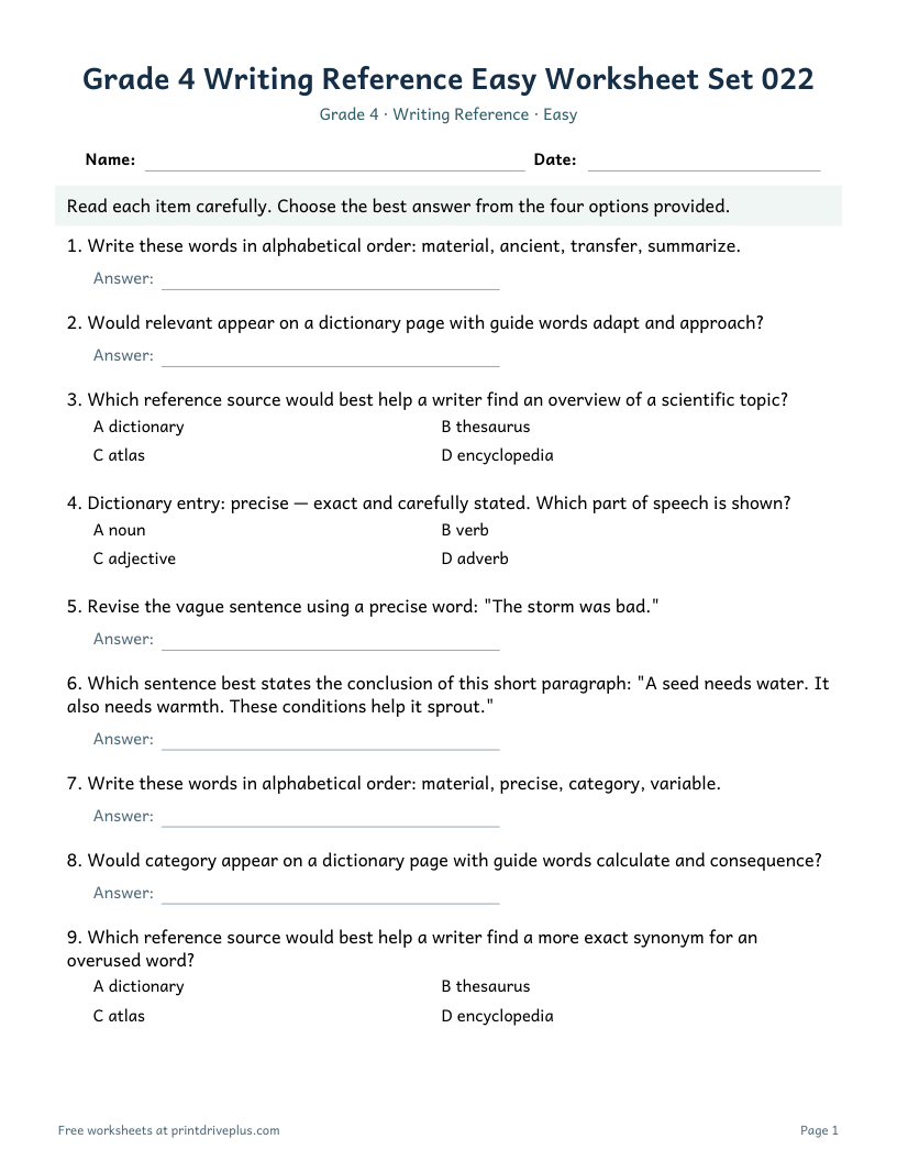 Preview of Grade 4 Writing Reference Easy Worksheet Set 022