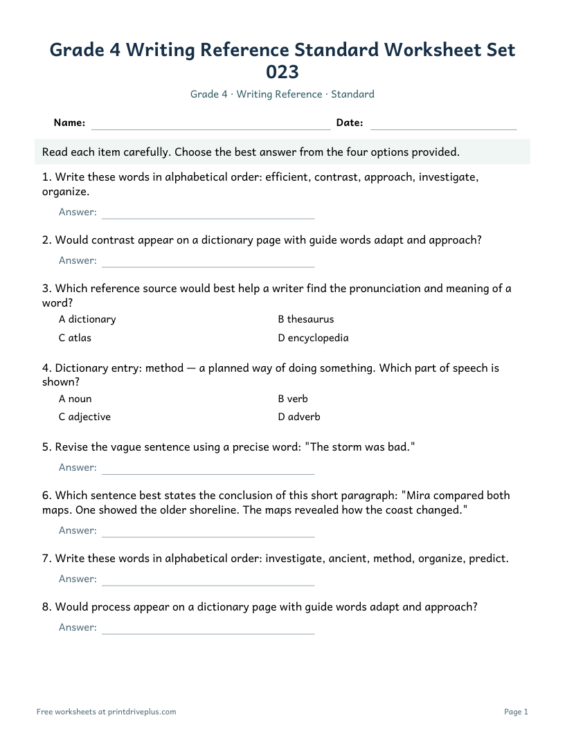 Preview of Grade 4 Writing Reference Standard Worksheet Set 023
