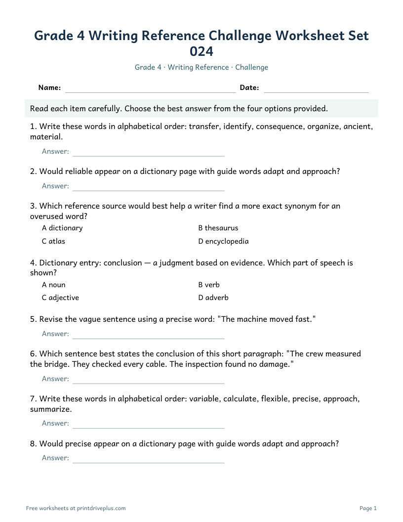 Preview of Grade 4 Writing Reference Challenge Worksheet Set 024