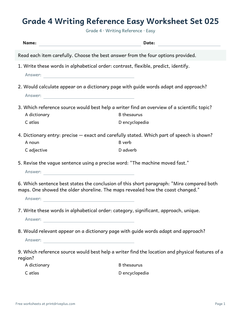 Preview of Grade 4 Writing Reference Easy Worksheet Set 025