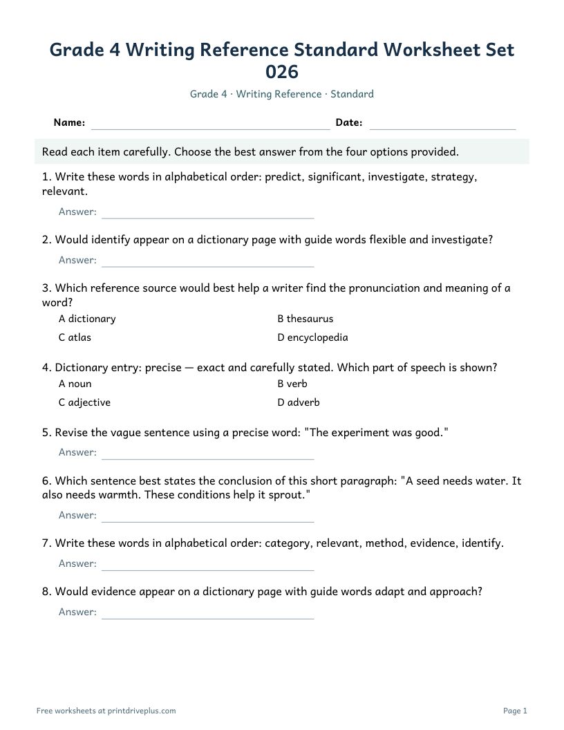 Preview of Grade 4 Writing Reference Standard Worksheet Set 026