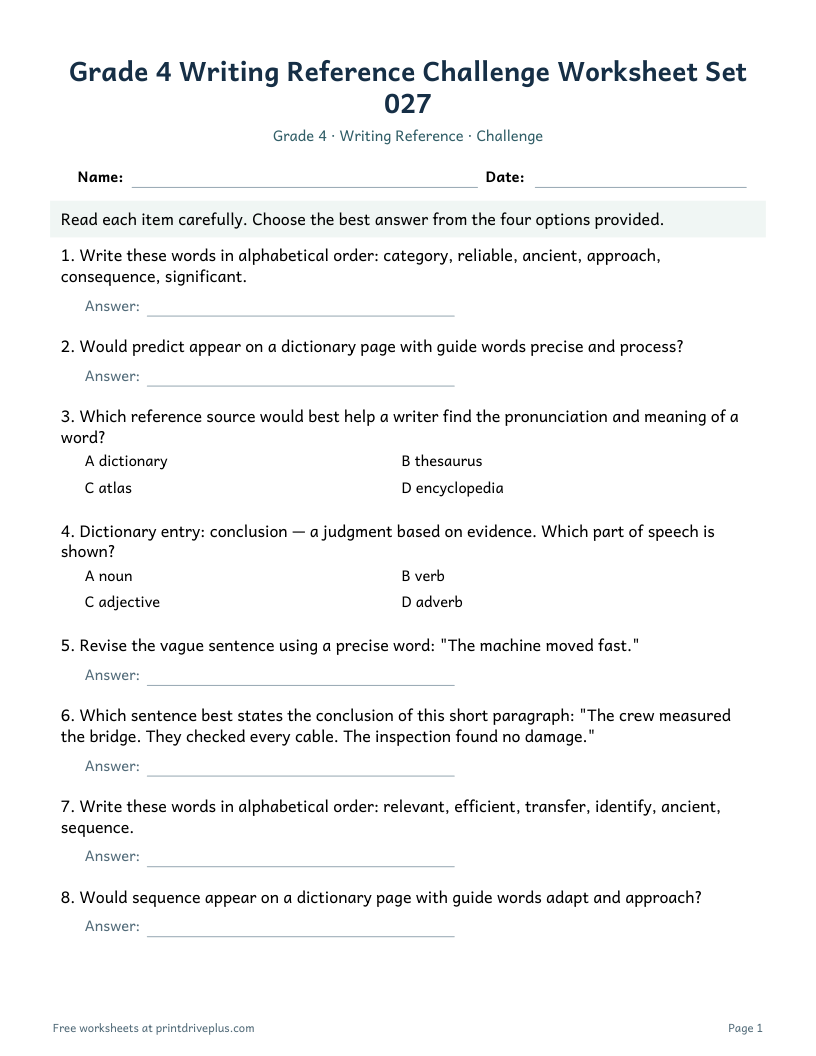 Preview of Grade 4 Writing Reference Challenge Worksheet Set 027