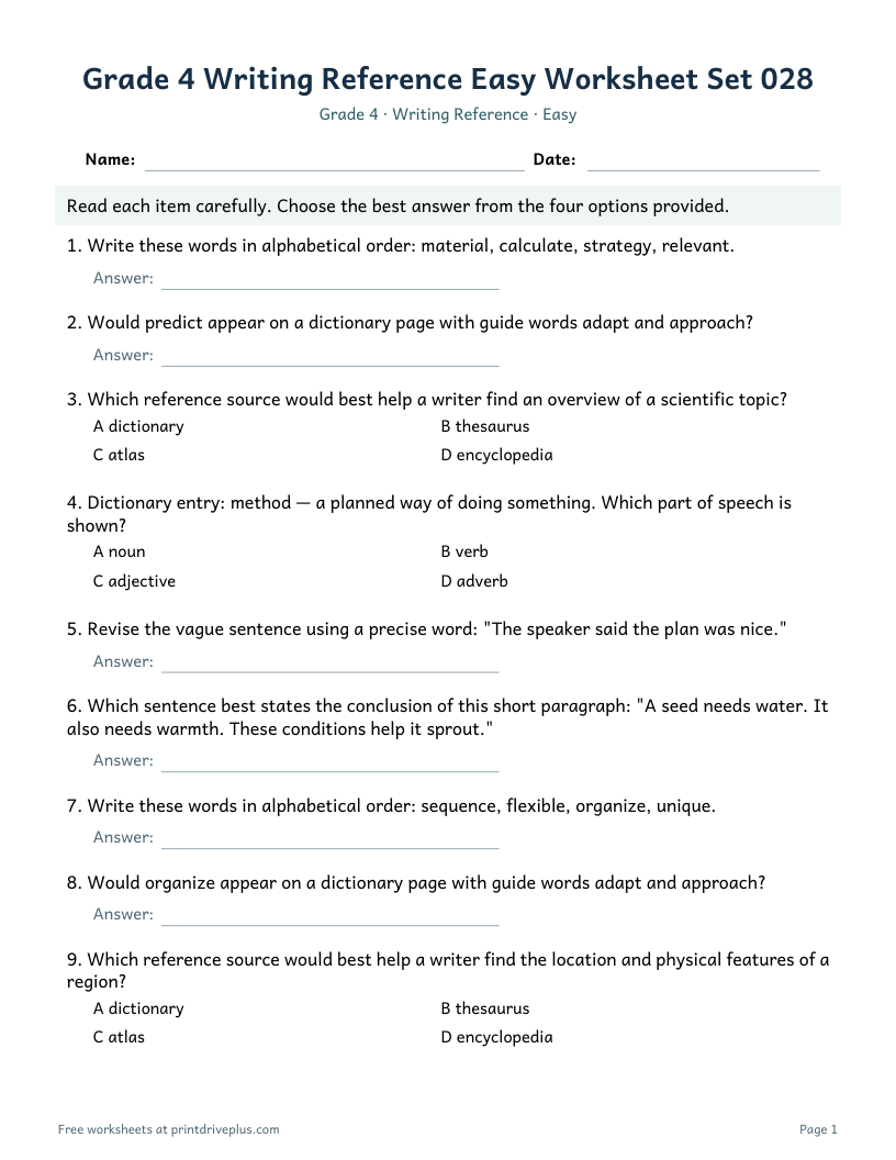 Preview of Grade 4 Writing Reference Easy Worksheet Set 028