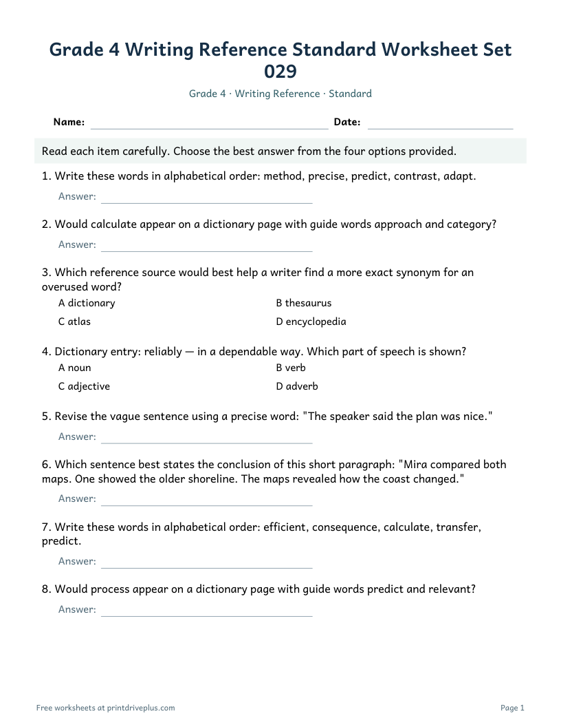 Preview of Grade 4 Writing Reference Standard Worksheet Set 029