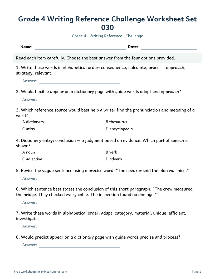 Preview of Grade 4 Writing Reference Challenge Worksheet Set 030