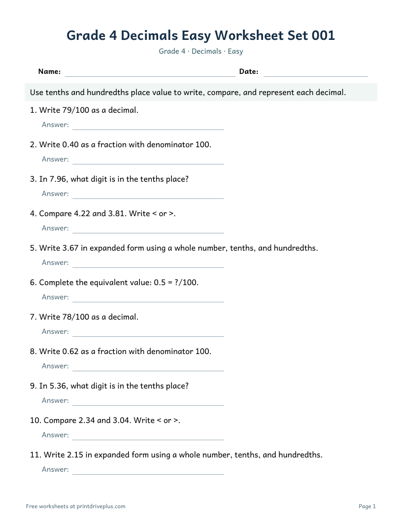 Preview of Grade 4 Decimals Easy Worksheet Set 001