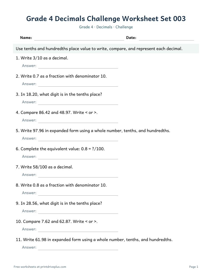 Preview of Grade 4 Decimals Challenge Worksheet Set 003