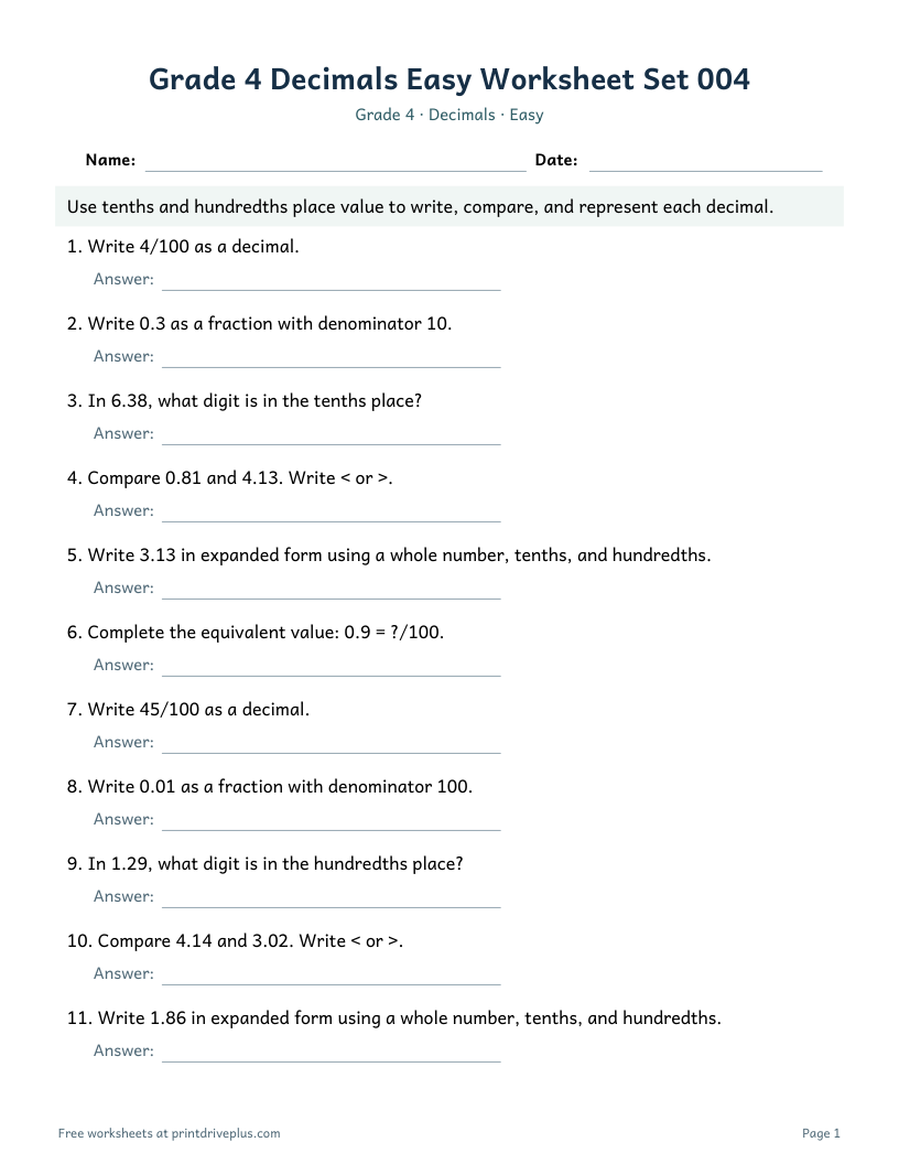 Preview of Grade 4 Decimals Easy Worksheet Set 004