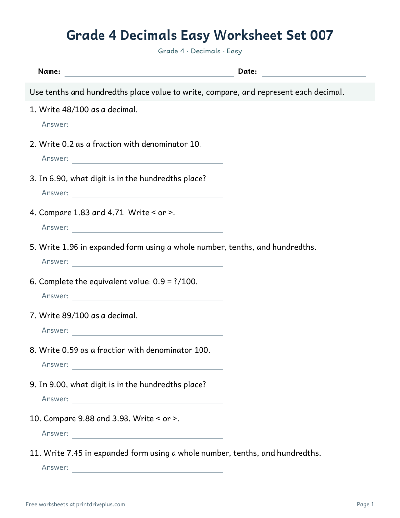 Preview of Grade 4 Decimals Easy Worksheet Set 007