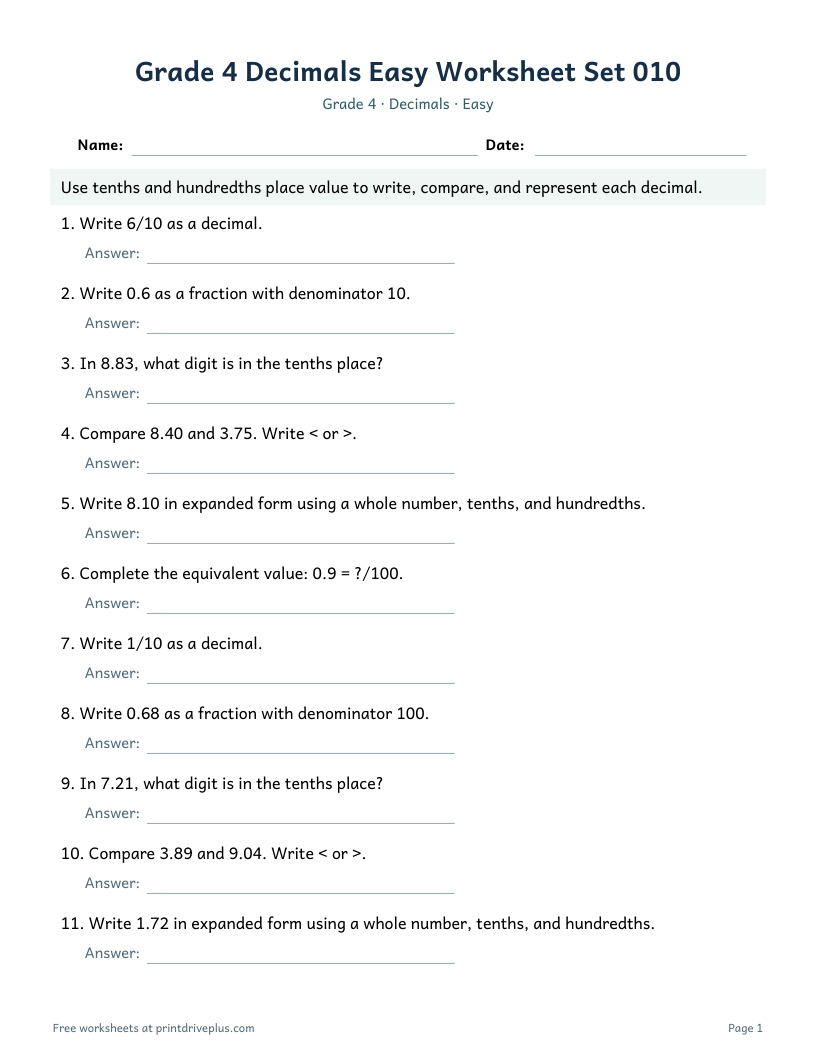 Preview of Grade 4 Decimals Easy Worksheet Set 010