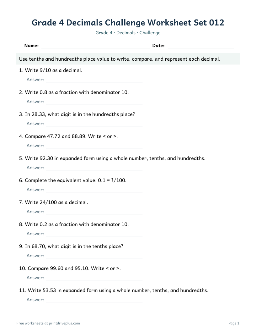 Preview of Grade 4 Decimals Challenge Worksheet Set 012
