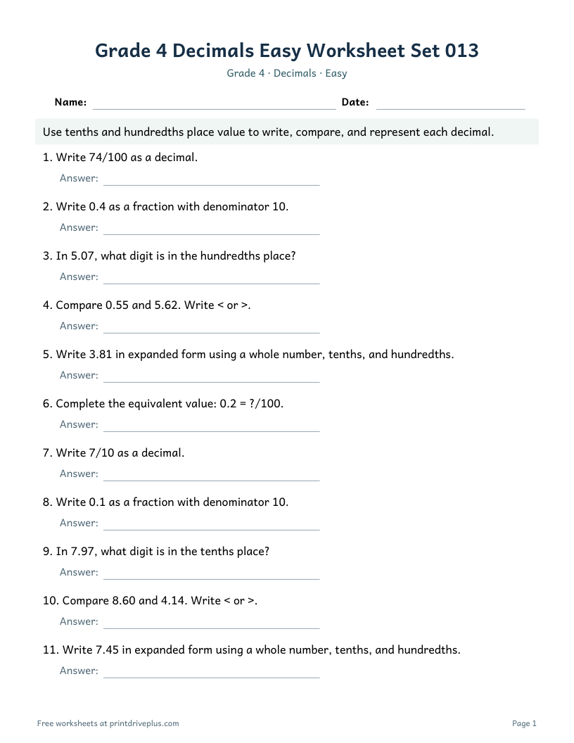Preview of Grade 4 Decimals Easy Worksheet Set 013