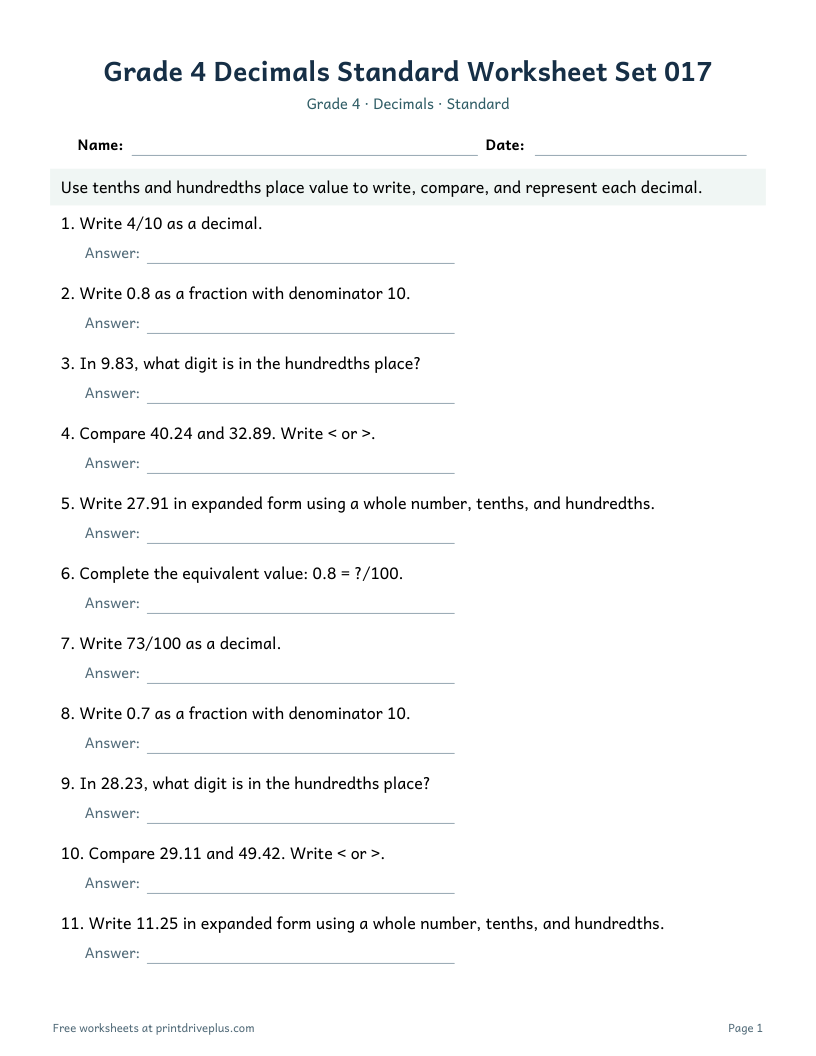 Preview of Grade 4 Decimals Standard Worksheet Set 017