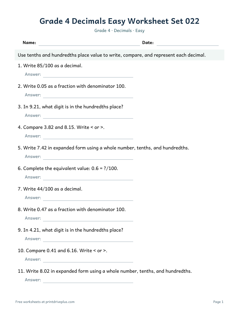 Preview of Grade 4 Decimals Easy Worksheet Set 022