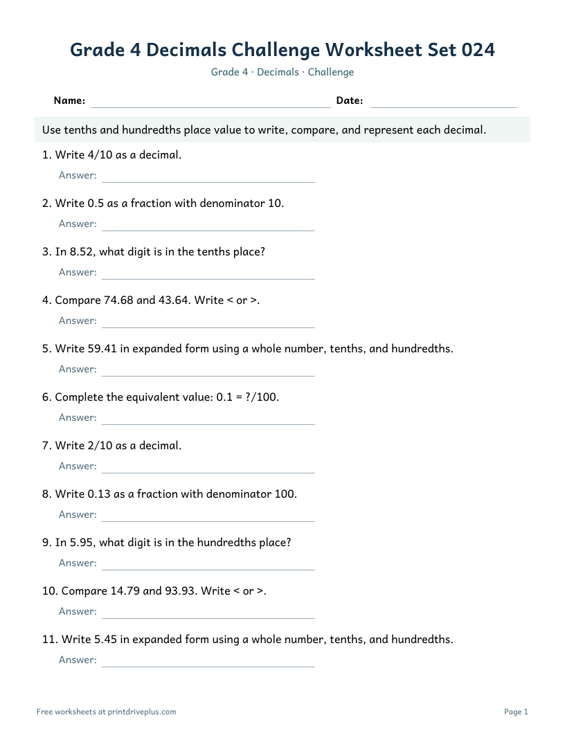 Preview of Grade 4 Decimals Challenge Worksheet Set 024
