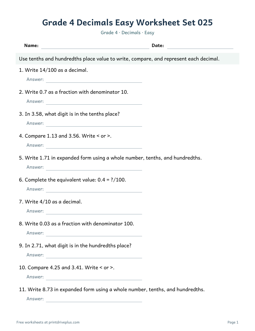 Preview of Grade 4 Decimals Easy Worksheet Set 025
