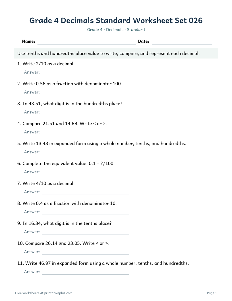 Preview of Grade 4 Decimals Standard Worksheet Set 026
