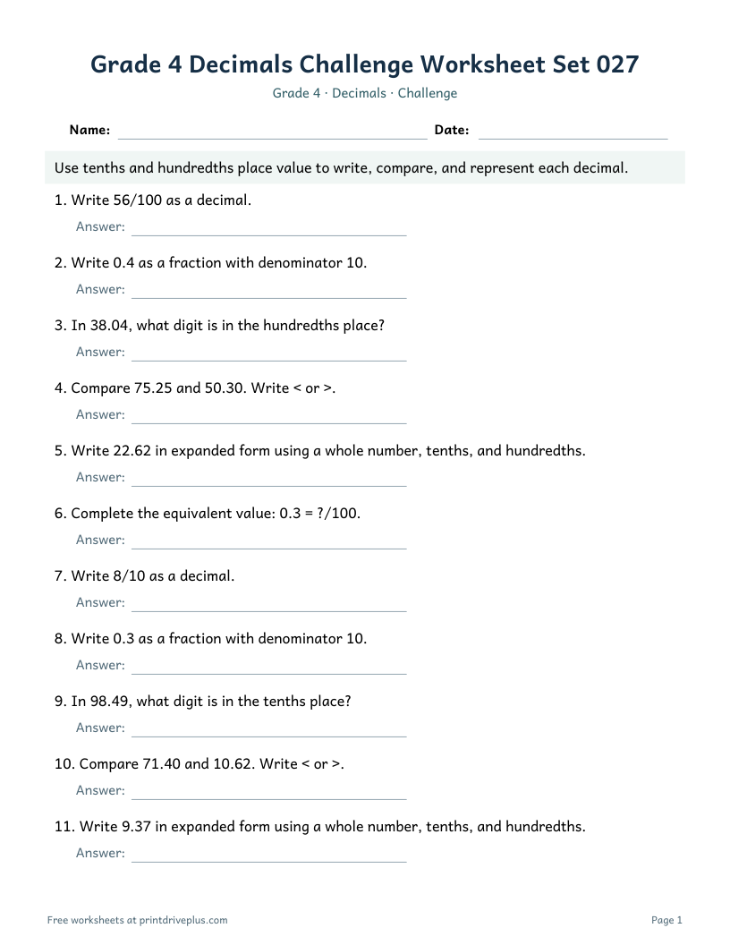 Preview of Grade 4 Decimals Challenge Worksheet Set 027