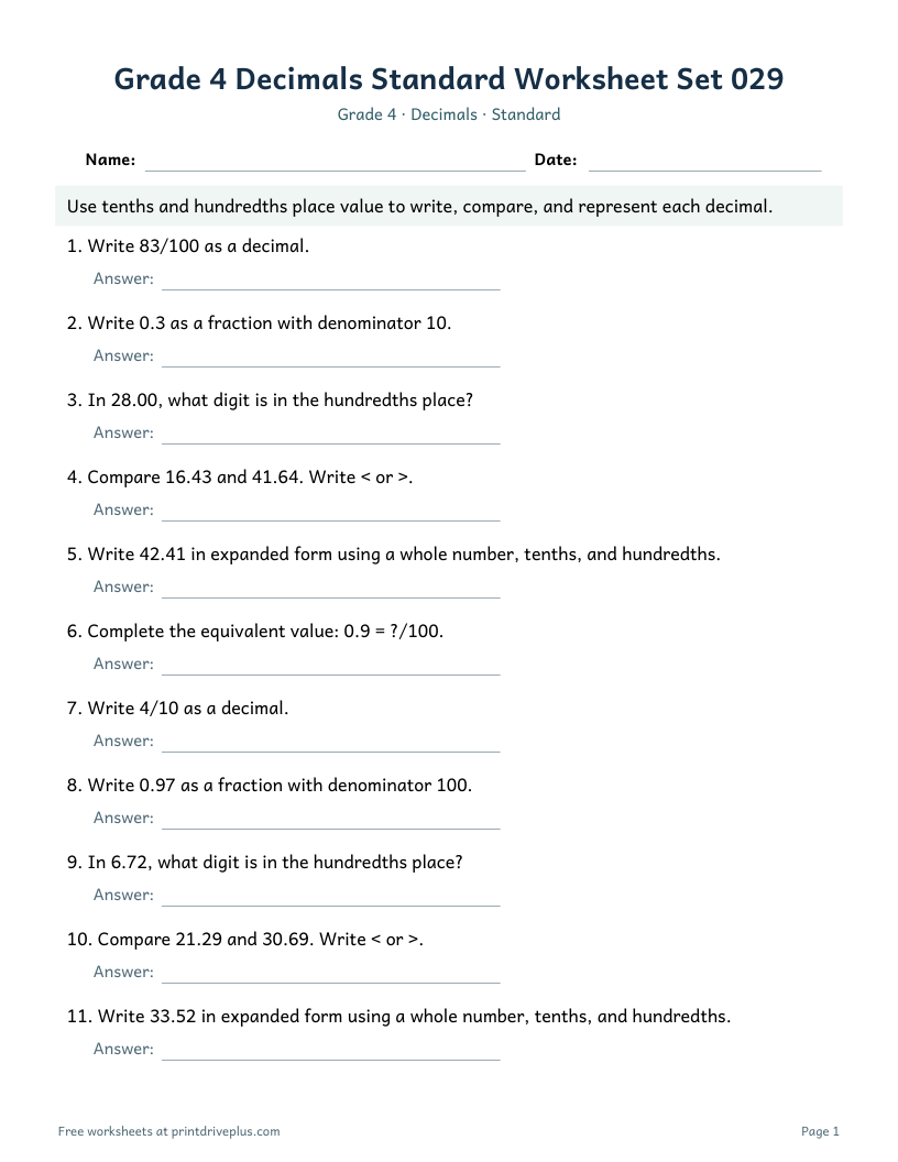 Preview of Grade 4 Decimals Standard Worksheet Set 029