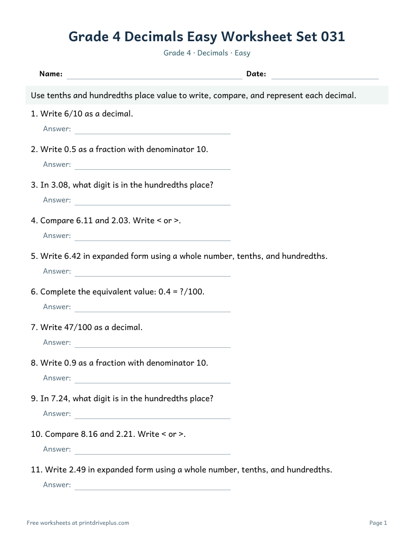 Preview of Grade 4 Decimals Easy Worksheet Set 031