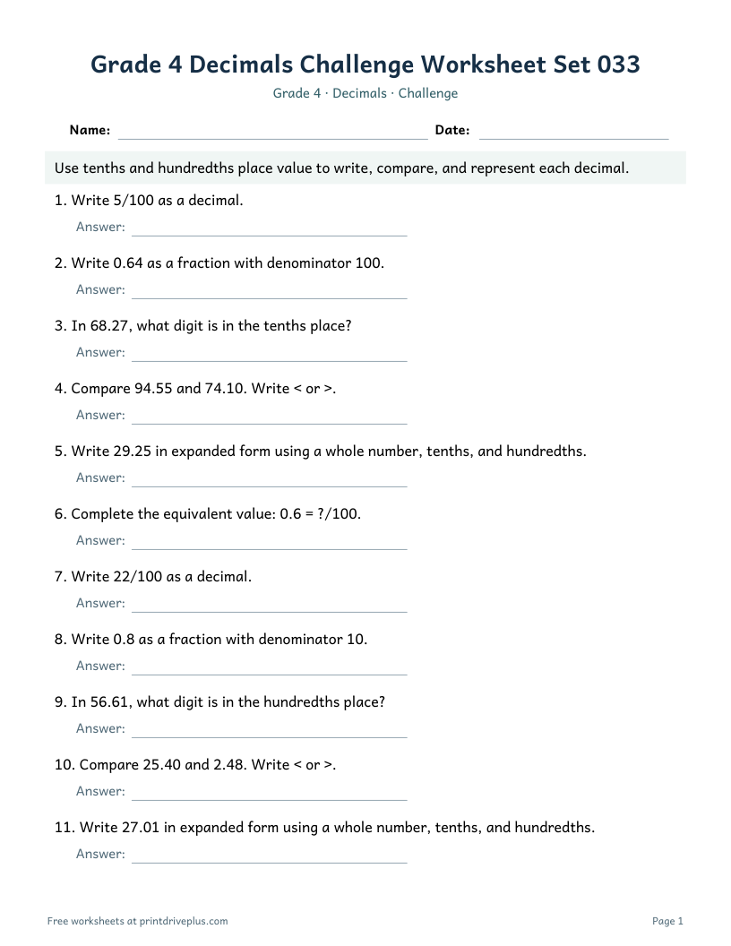 Preview of Grade 4 Decimals Challenge Worksheet Set 033