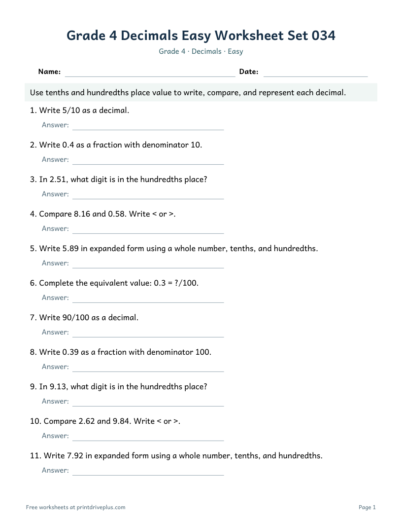 Preview of Grade 4 Decimals Easy Worksheet Set 034