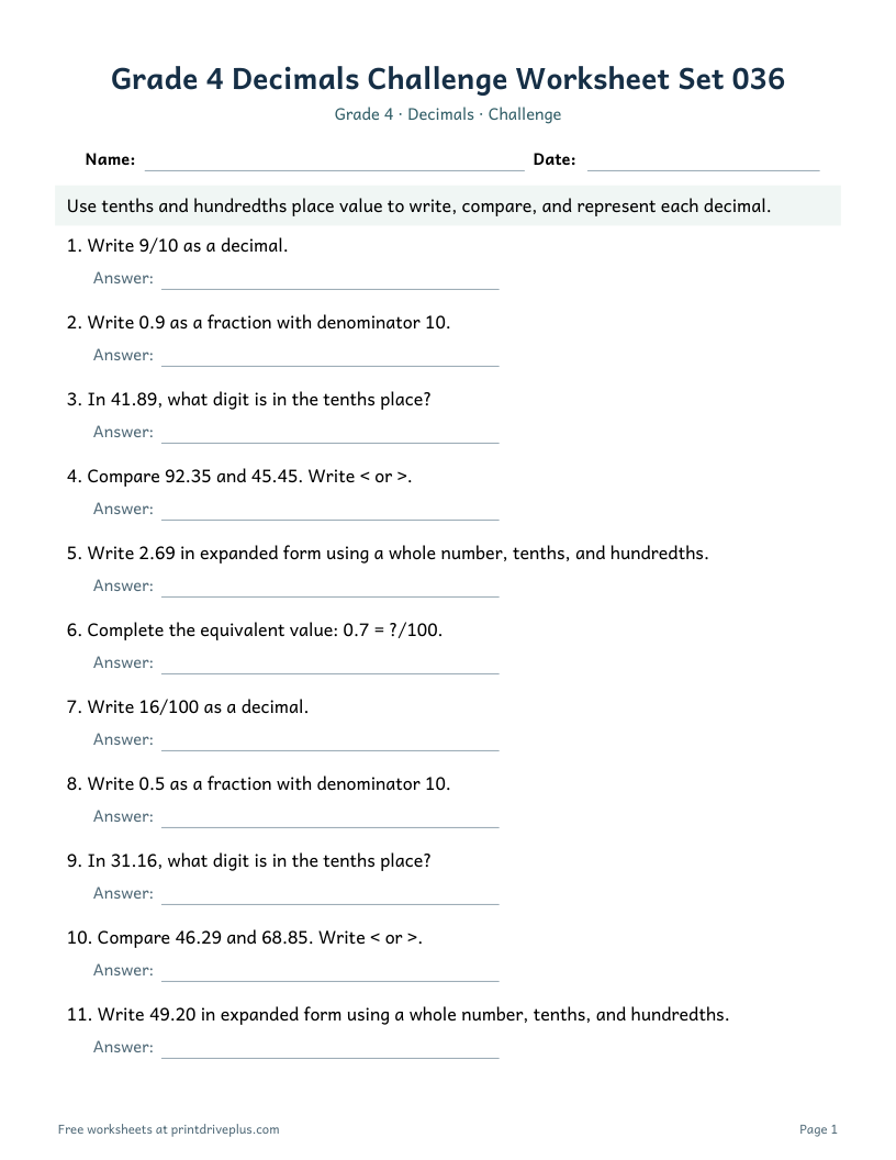 Preview of Grade 4 Decimals Challenge Worksheet Set 036